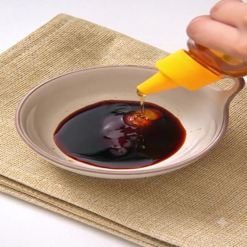 Miele spremuto da un flacone dal tappo giallo nella miscela di salsa scura dentro una ciotola di ceramica.