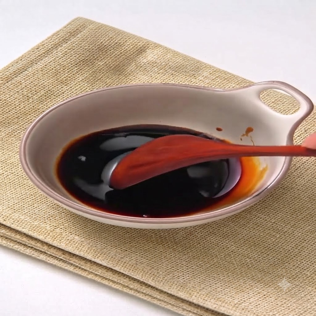 Un cucchiaio di legno che mescola gli ingredienti della salsa scura allinterno di una ciotola bassa poggiata su un tappetino testurizzato.