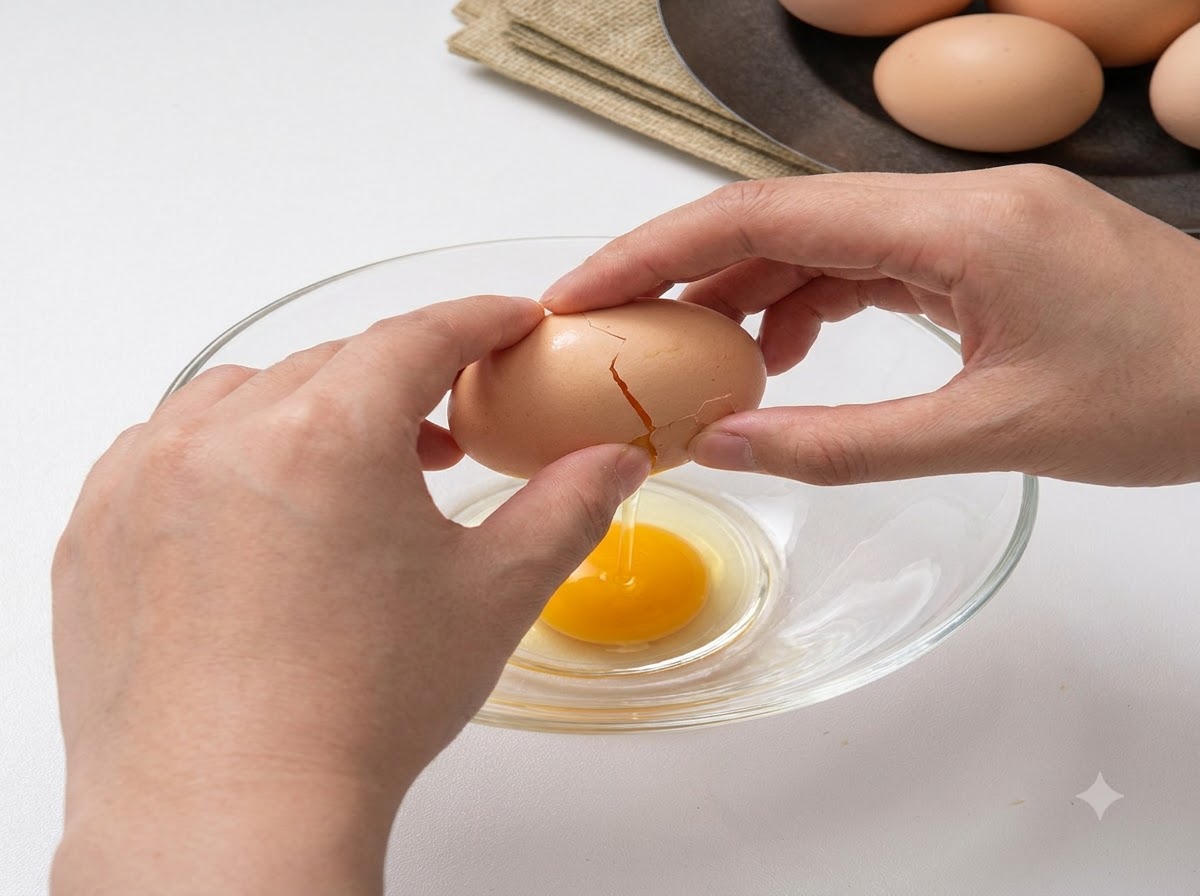 Mani che rompono un uovo sopra una ciotola di vetro trasparente con un tuorlo che cade allinterno.