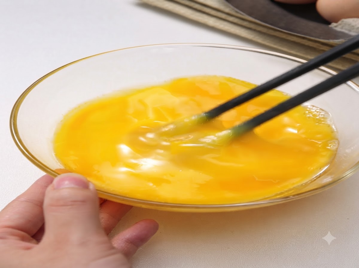 Un paio di bacchette nere che sbattono uova crude allinterno di una ciotola di vetro per creare un composto giallo uniforme.