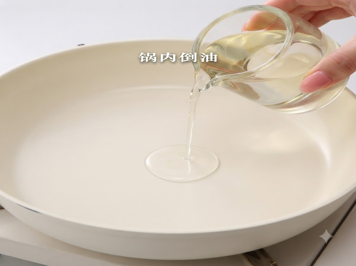 Olio da cucina versato da una piccola brocca di vetro trasparente al centro di una padella bianca pulita.