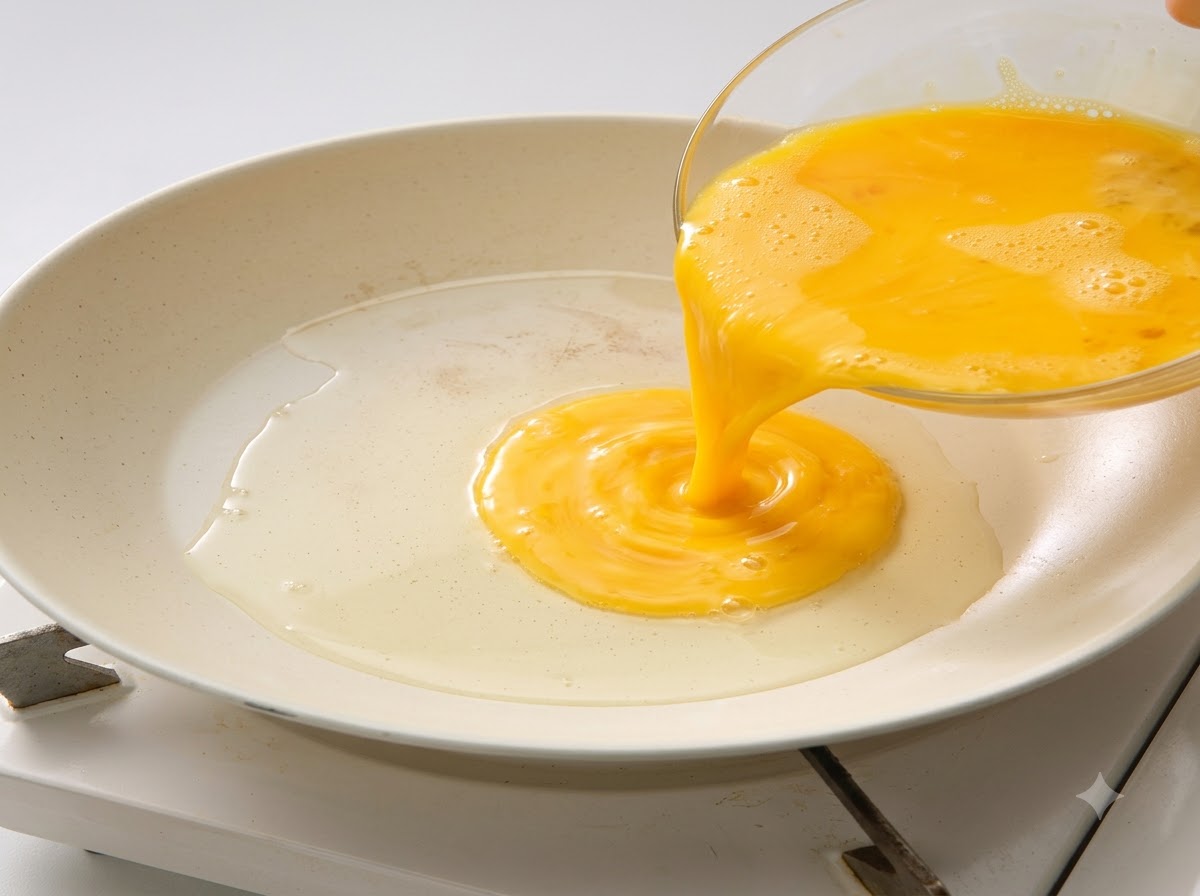 Uova gialle sbattute versate da una ciotola di vetro in una padella bianca calda con olio.