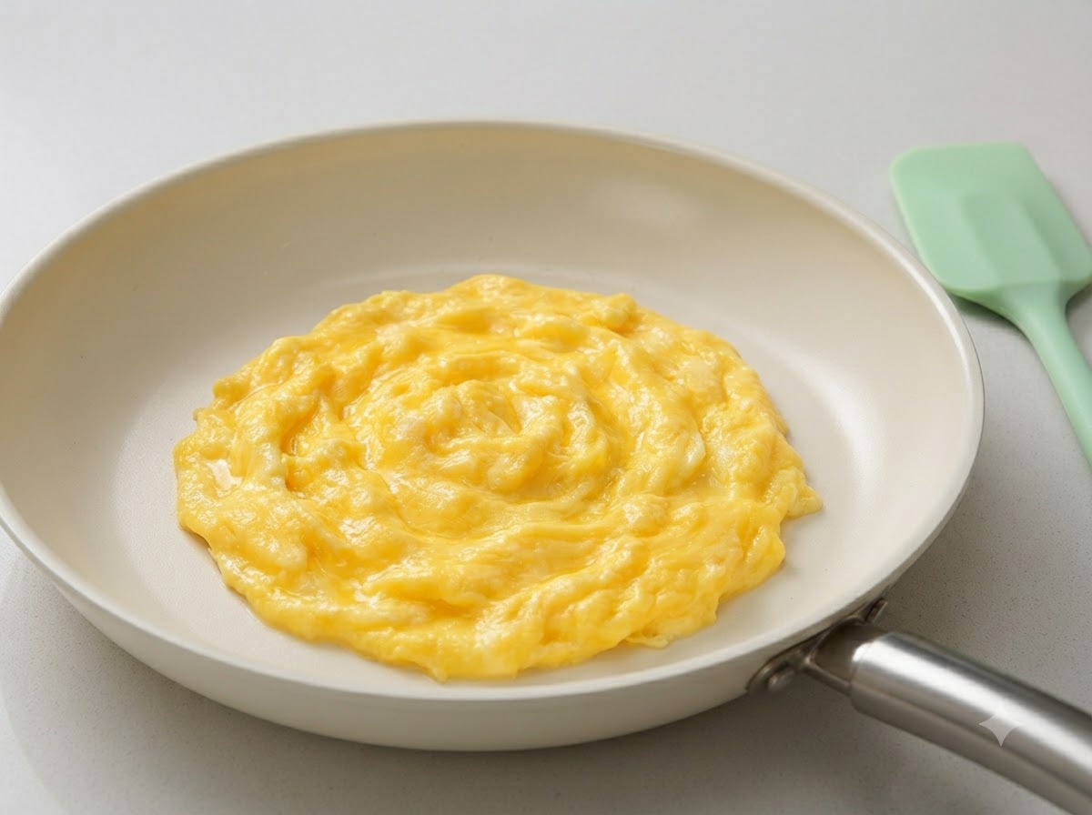 Uova strapazzate morbide e cremose raccolte al centro di una padella bianca accanto a una spatola in silicone verde chiaro.