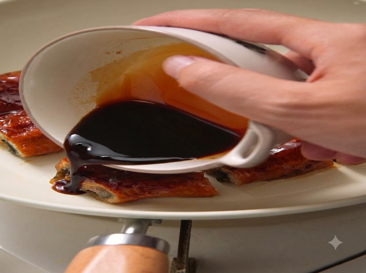 Salsa scura dolce versata da una ciotolina sopra i pezzi di anguilla glassata allinterno di una padella bianca.
