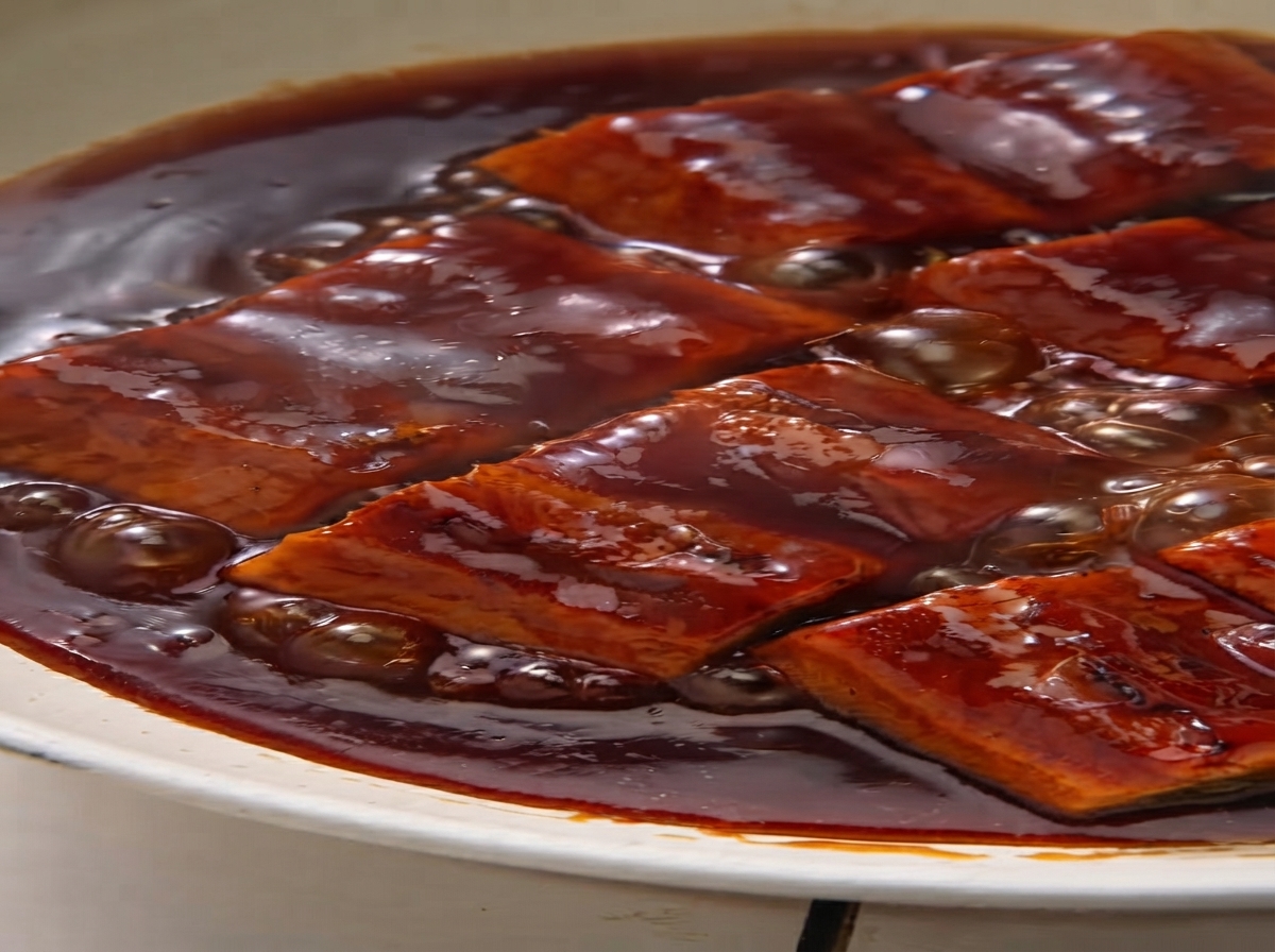 Pezzi di anguilla che sobbollono in una salsa marrone densa e bollente dentro una padella.