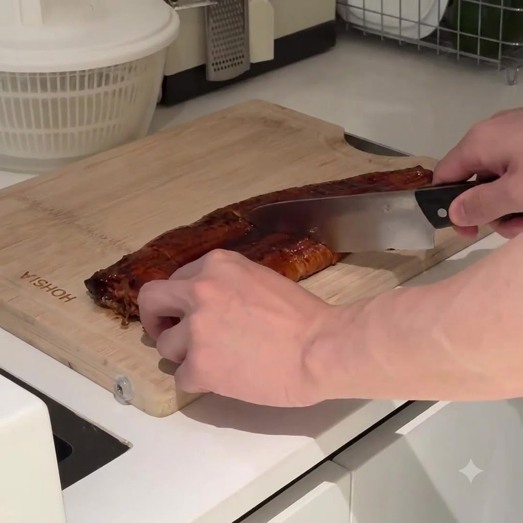 Un coltello affilato che taglia unanguilla glassata in piccoli segmenti su un tagliere di legno.