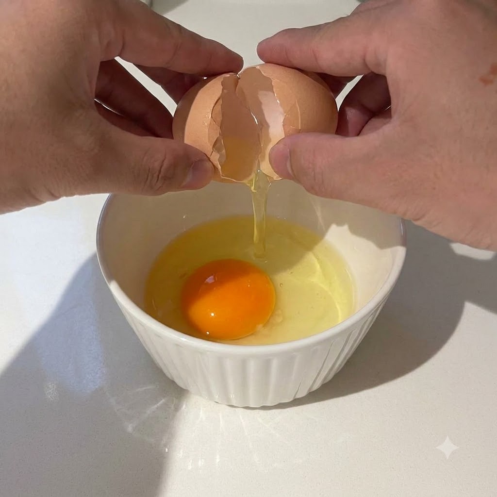 Un paio di mani che rompono un uovo in una piccola ciotola bianca contenente un altro uovo rotto.