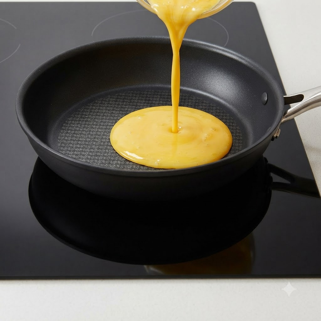 Uova sbattute versate da un piccolo contenitore al centro di una padella nera calda.
