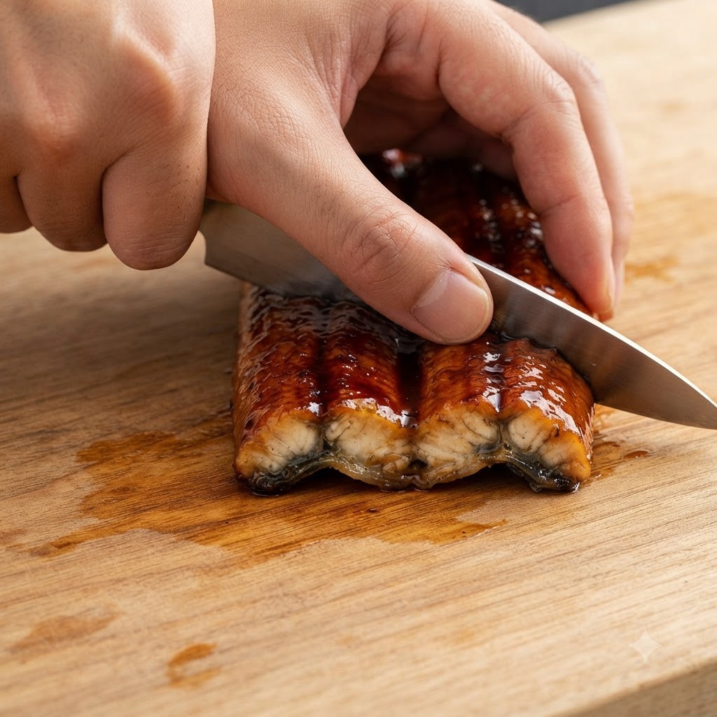 Anguilla pre-grigliata tagliata in blocchi rettangolari su un tagliere di legno con un coltello.