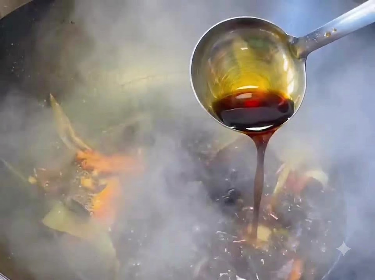 Salsa di soia leggera e zucchero aggiunti alla base della salsa in un wok.
