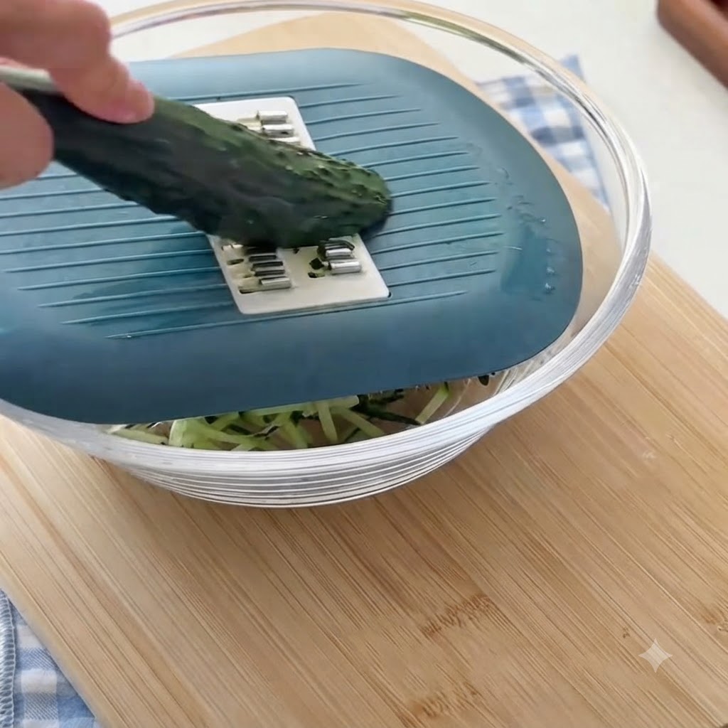 Un cetriolo fresco che viene grattugiato in pezzi sottili usando una grattugia manuale posizionata sopra una ciotola di vetro.