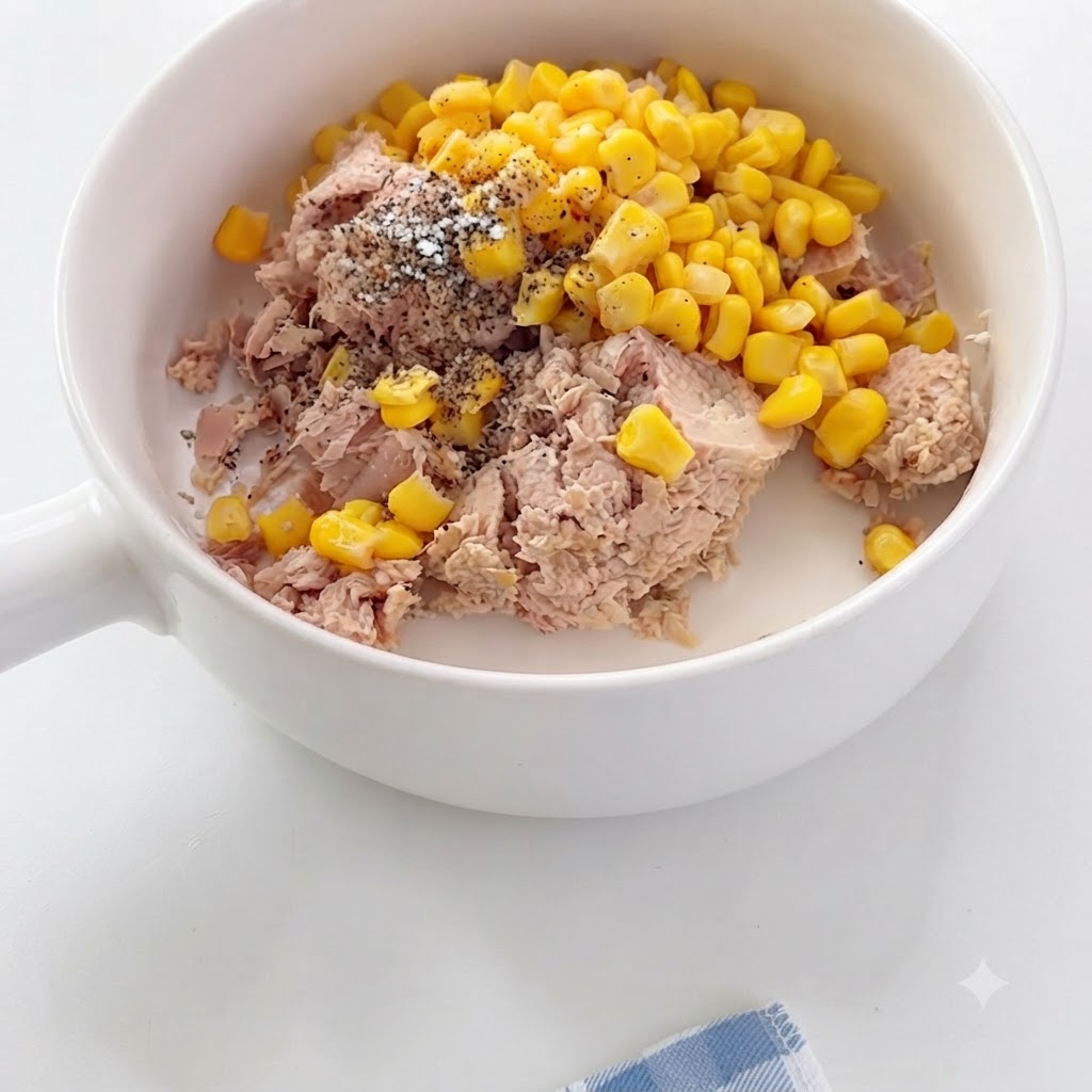 Condimento per insalata che viene mescolato nella ciotola di tonno e mais con un cucchiaio.