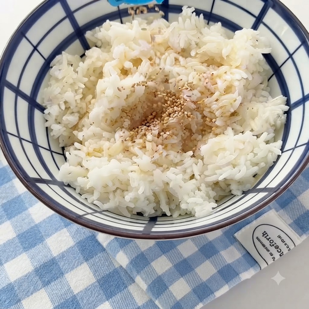 Semi di sesamo bianco che vengono cosparsi sulla ciotola di riso contenente olio di sesamo.