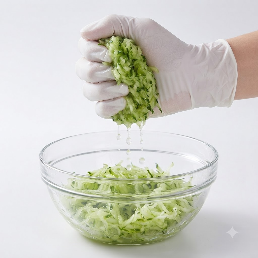 Mani con guanti che stringono saldamente lacqua da una manciata di cetriolo verde grattugiato sopra una ciotola di vetro.