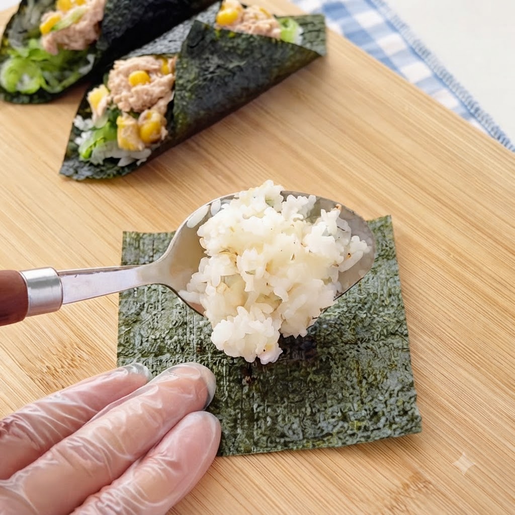 Un cucchiaio di metallo che posiziona una porzione di riso bianco cotto su un piccolo pezzo quadrato di nori.