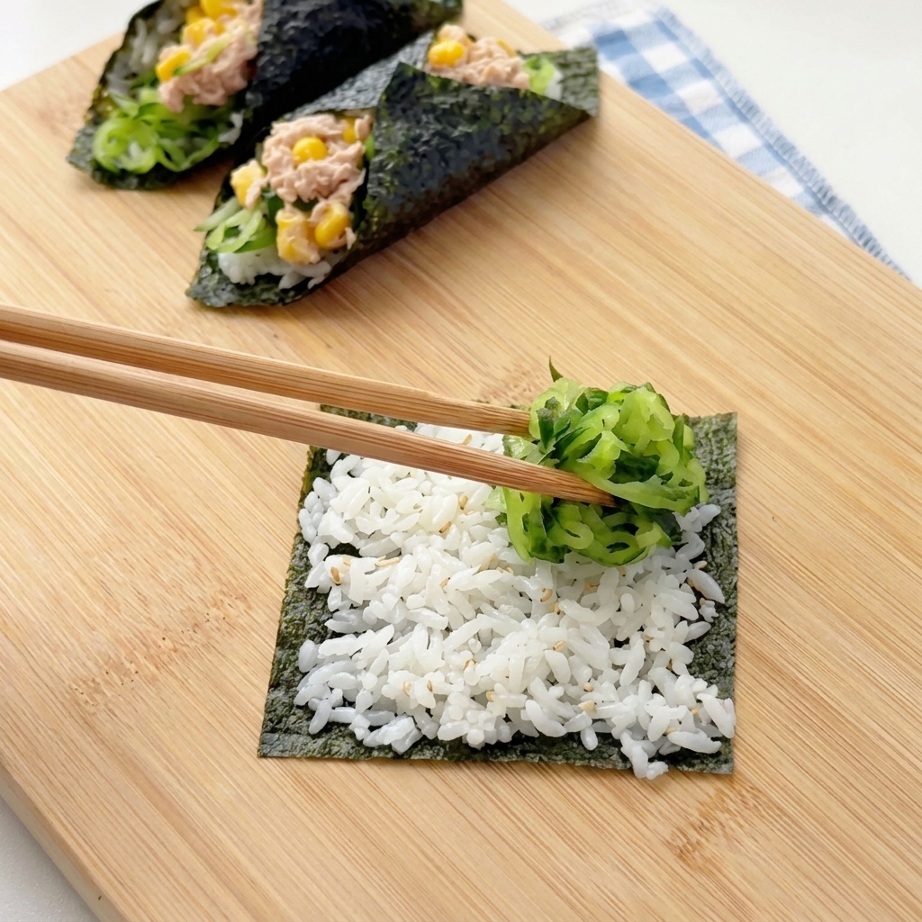 Bacchette che posizionano un mucchietto di cetriolo verde grattugiato sullo strato di riso di un quarto di foglio di nori.