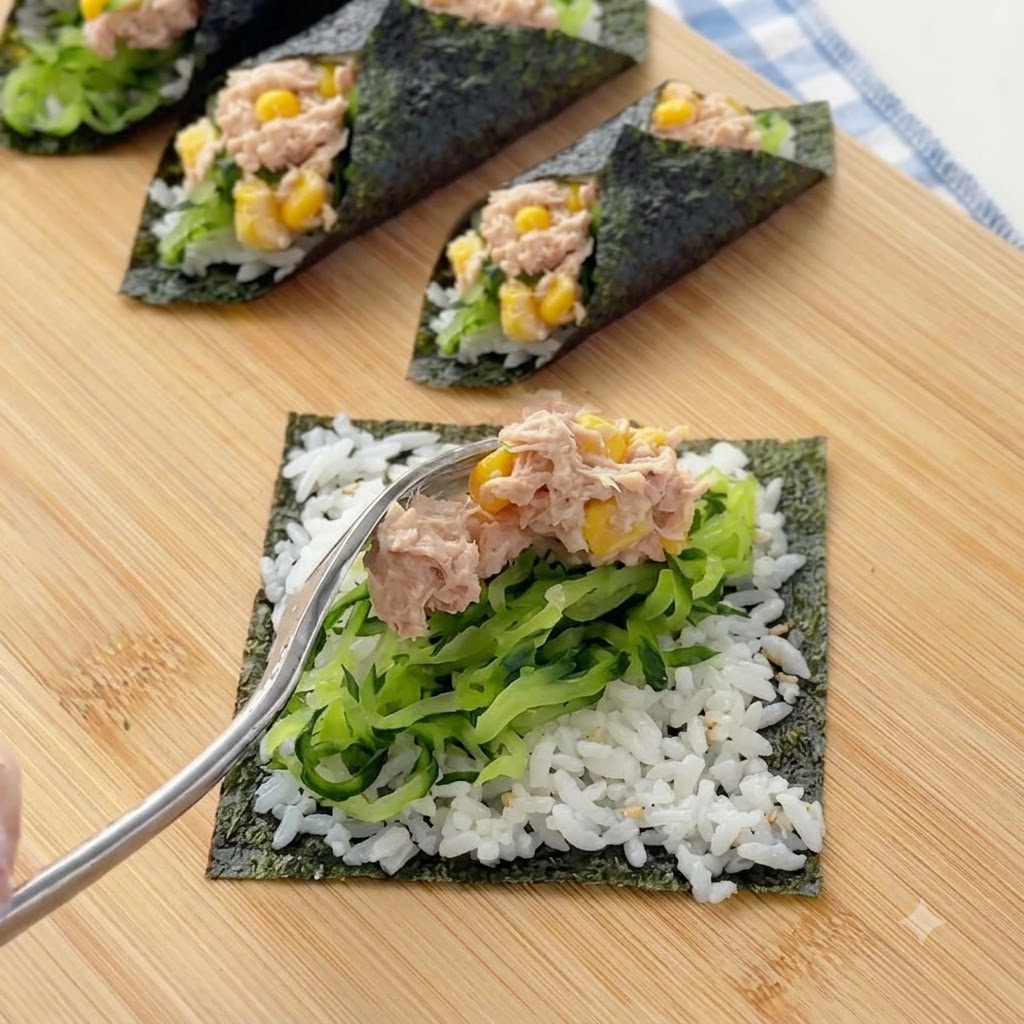 Una forchetta che posiziona un cucchiaio di insalata mista di tonno e mais sul cetriolo e sul riso su un foglio di nori.