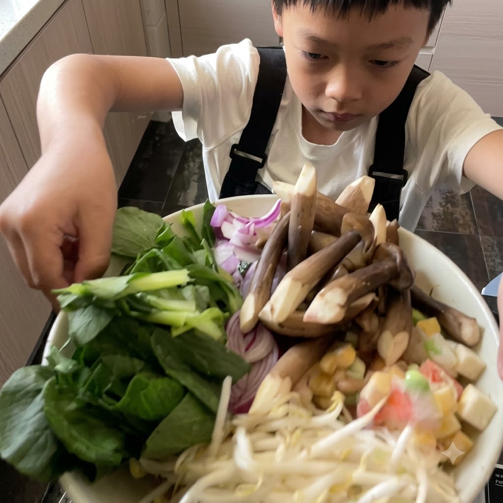 Una varietà di verdure fresche, funghi e cipolle affettate disposte allinterno di una vaporiera prima della cottura.
