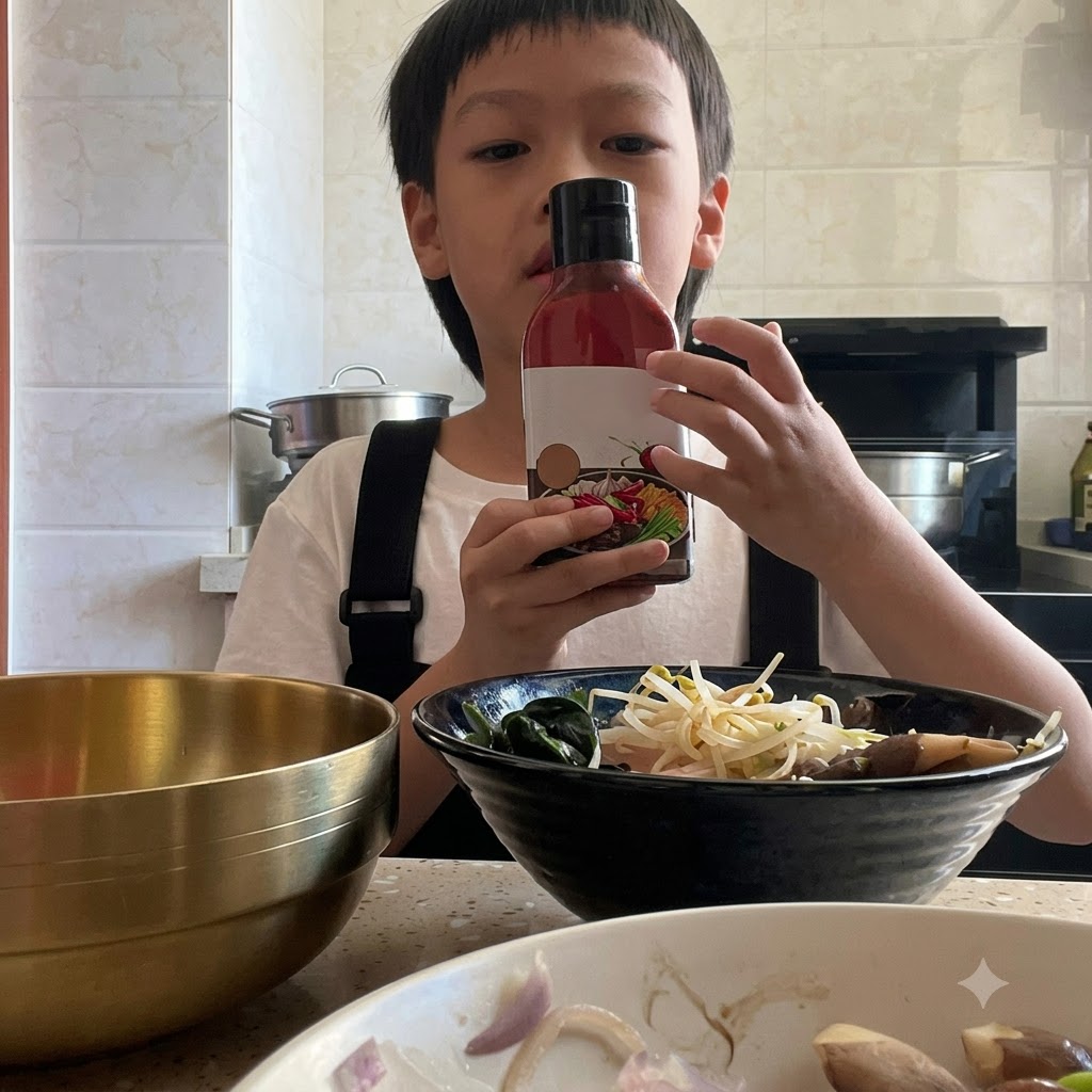 Un paio di mani che tengono una bottiglia di salsa coreana per bibimbap sopra una ciotola di ingredienti.