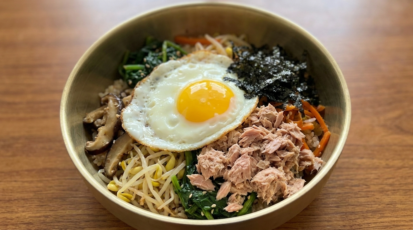 Una colorata ciotola di bibimbap al tonno con riso condito, verdure fresche, funghi, fiocchi di alghe, tonno in scatola e un uovo allocchio di bue.