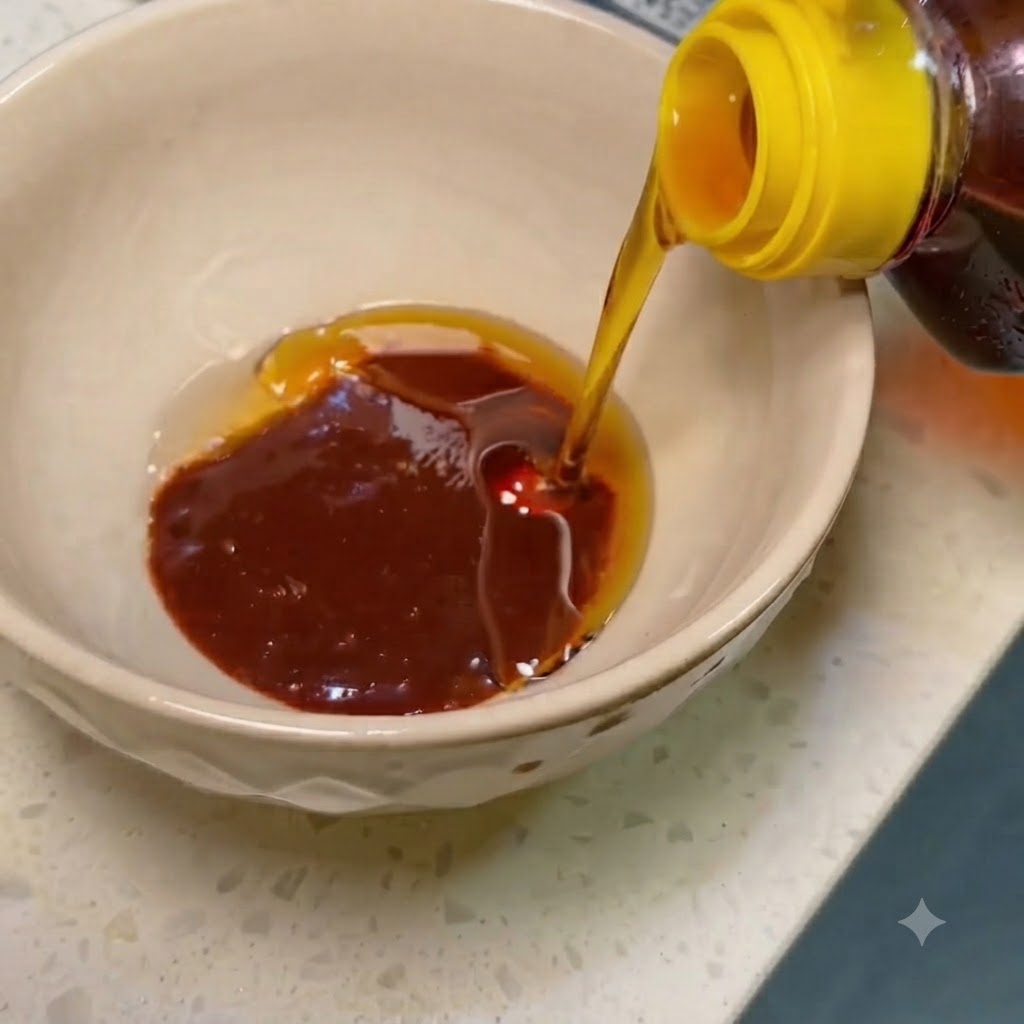 Olio di sesamo versato in una ciotolina contenente la salsa bibimbap.