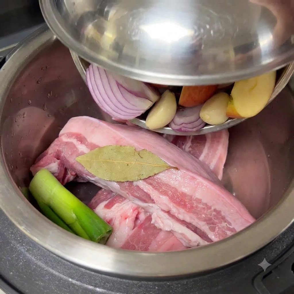Aromi versati da una ciotola di metallo sopra la pancetta di maiale cruda allinterno del vaso del cuociriso.