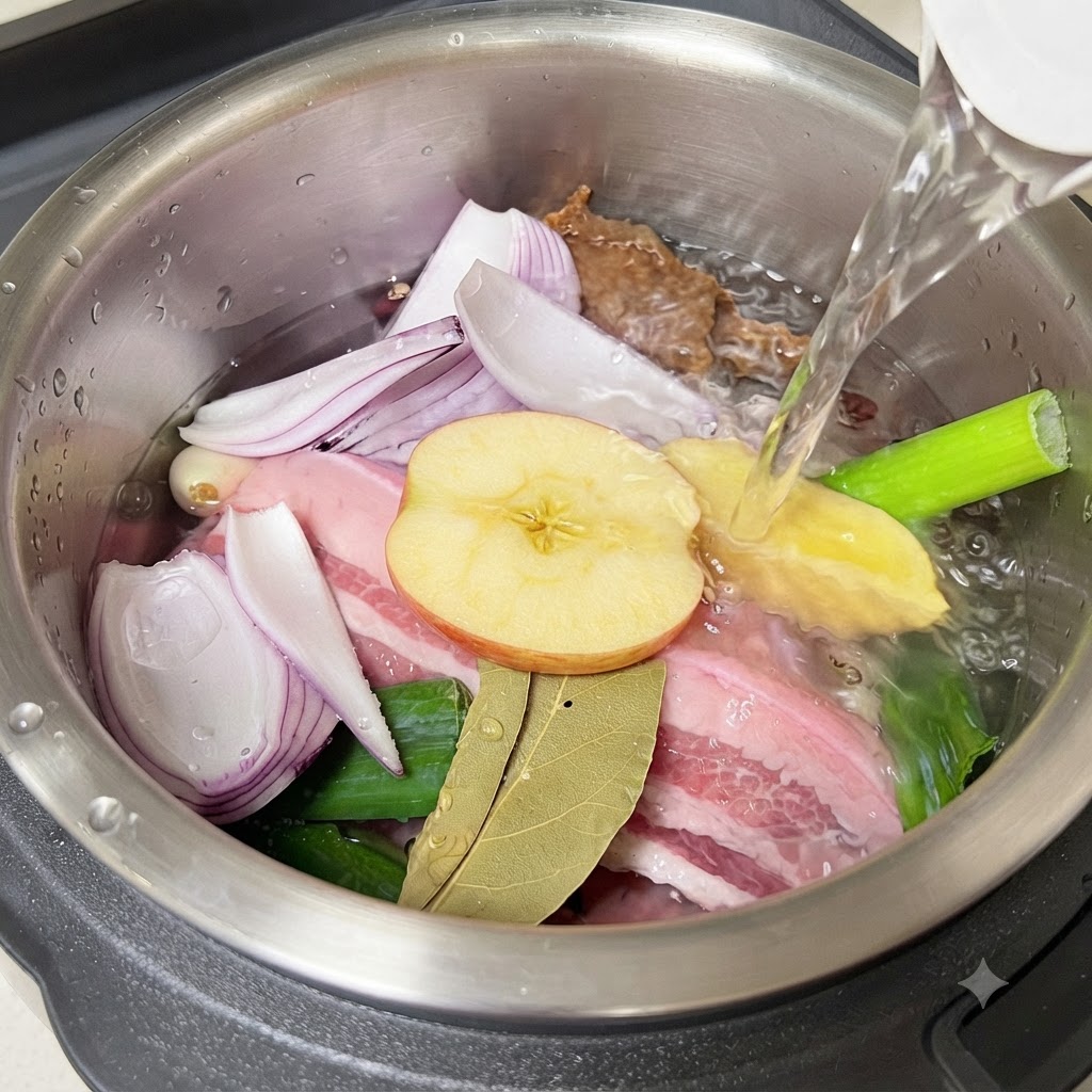Acqua limpida versata nel cuociriso sopra gli ingredienti.
