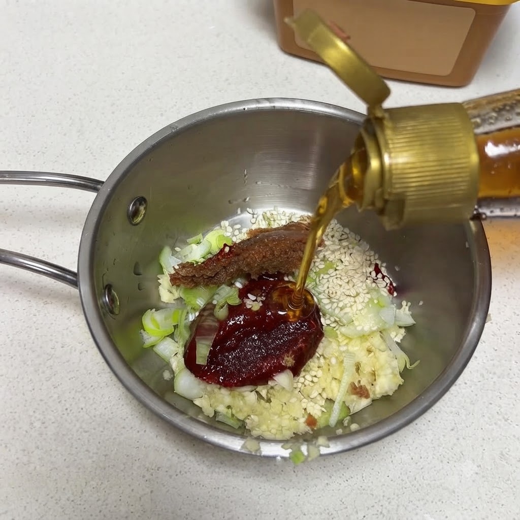 Olio di sesamo versato da una bottiglia negli ingredienti della salsa in una padella di metallo.