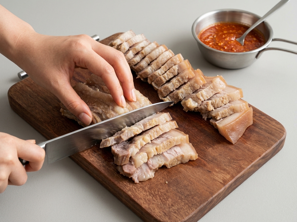 Una persona che usa un grosso coltello per affettare la pancetta di maiale cotta in pezzi uniformi su un tagliere di legno.