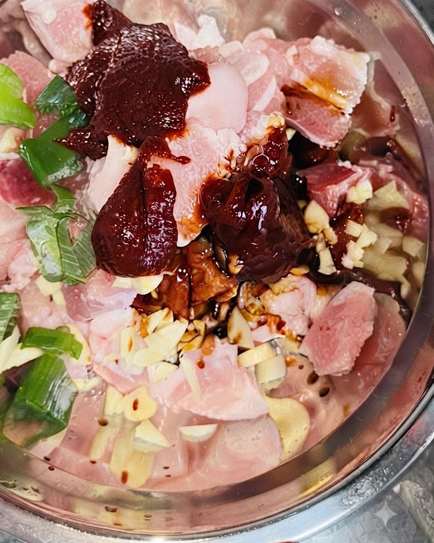 Zucchero bianco versato da un cucchiaio in una ciotola di metallo piena di pezzi di pancetta di maiale cruda, scura pasta di peperoncino coreana, salsa di soia e cipollotti tritati.