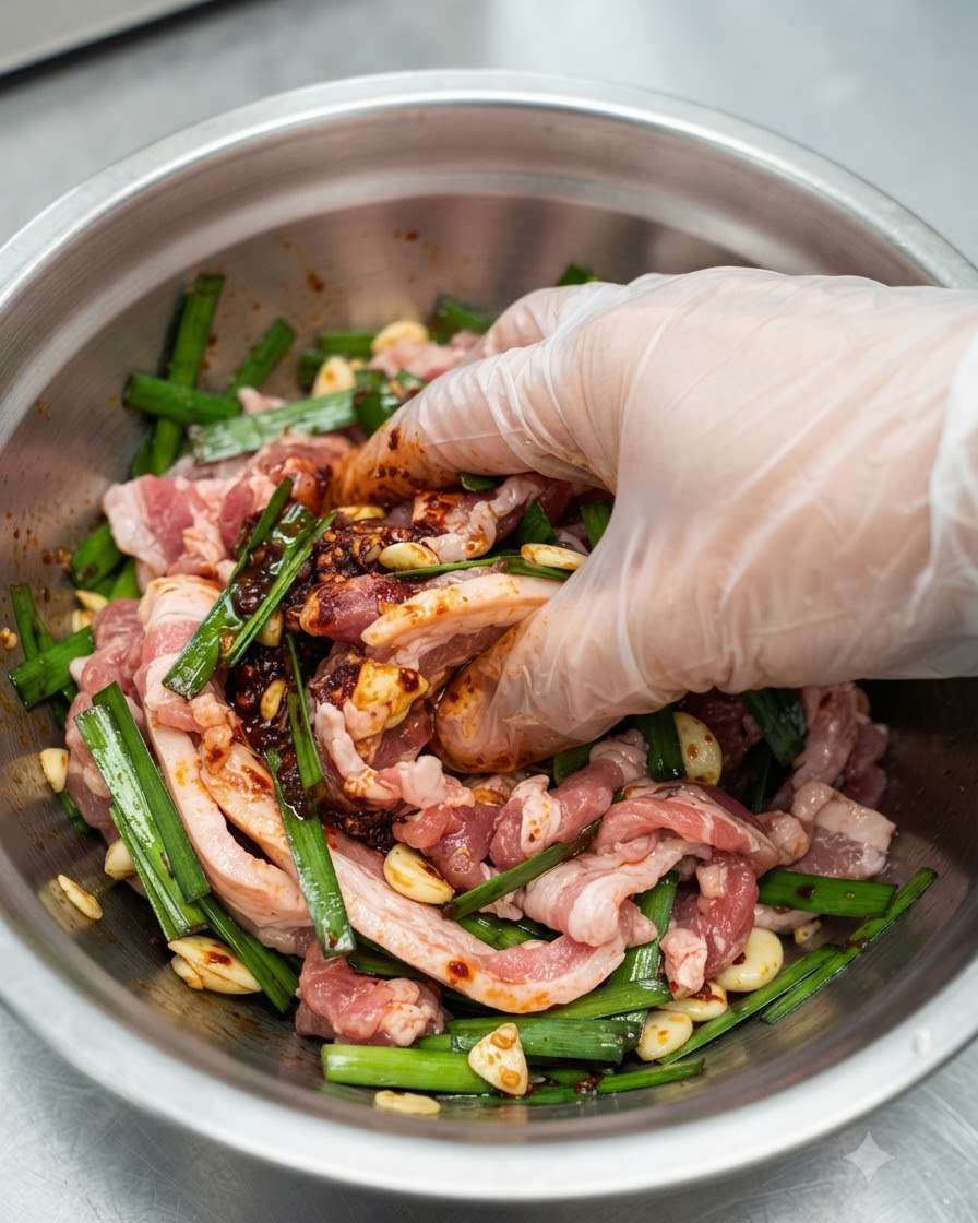 Una mano con guanto che mescola e amalgama accuratamente fette di pancetta di maiale cruda con pasta di peperoncino rosso scuro e cipollotti allinterno di una ciotola in acciaio inossidabile.