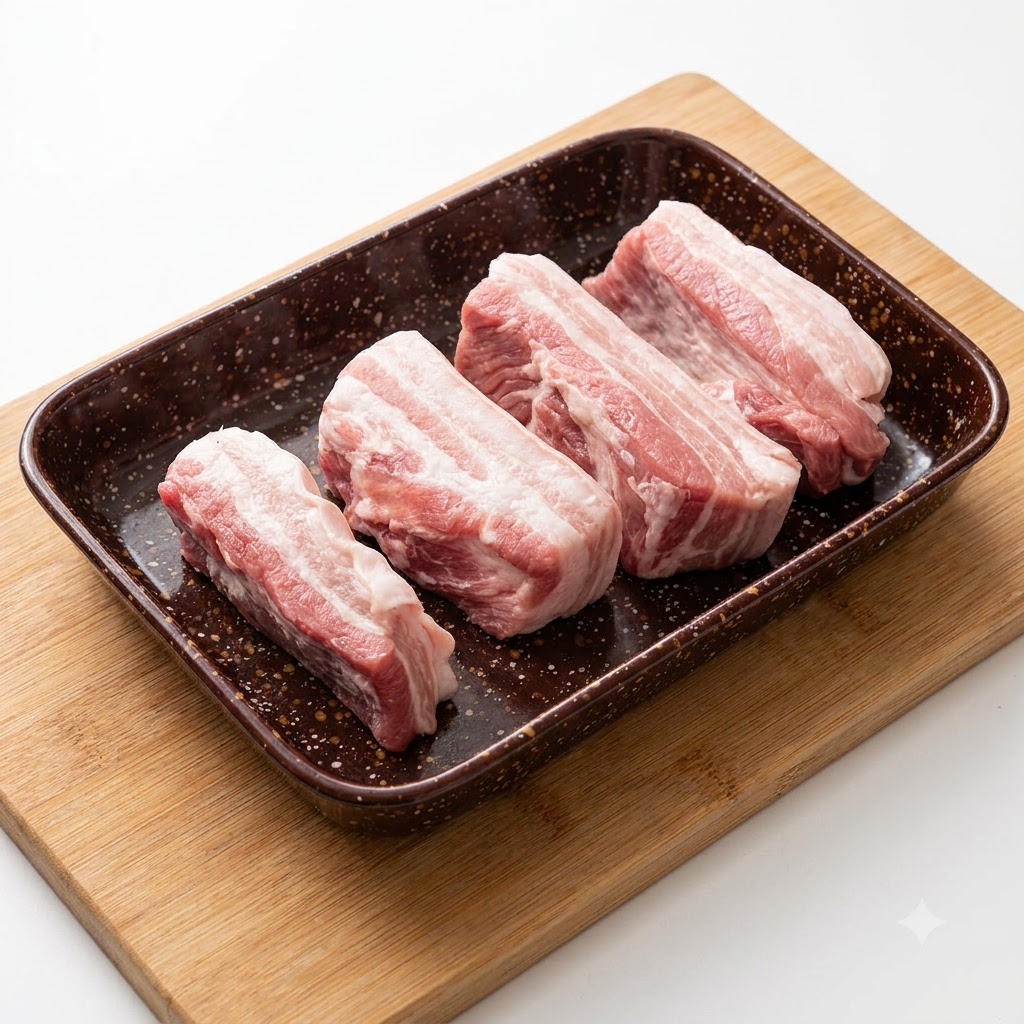 Strisce di pancetta di maiale cruda disposte su un piatto scuro con condimento cosparso dallalto.