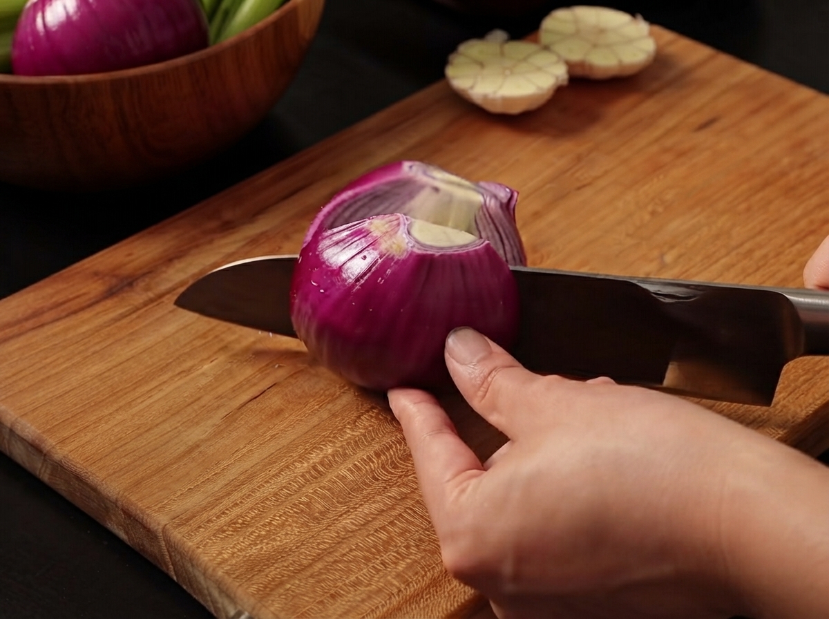 Una cipolla rossa tagliata a fette su un tagliere di legno con un affilato coltello da chef.