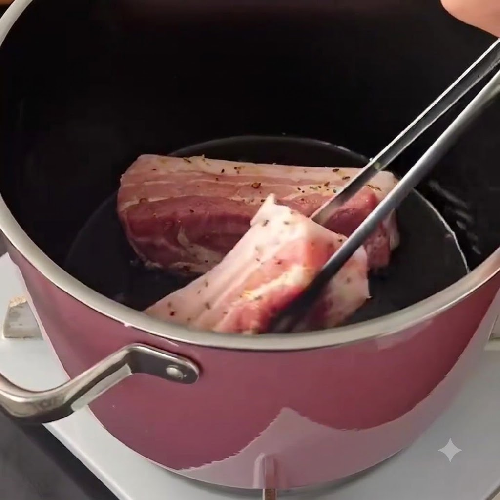 Strisce di pancetta di maiale che dorano allinterno di una pentola rosa mentre vengono maneggiate con pinze di metallo.