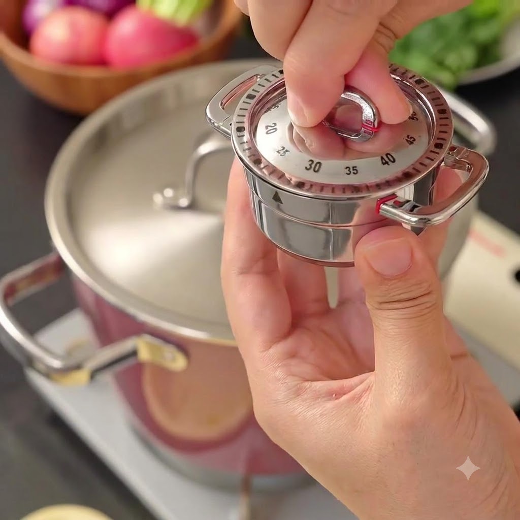 Mani che regolano un timer da cucina meccanico sul segno dei 40 minuti.