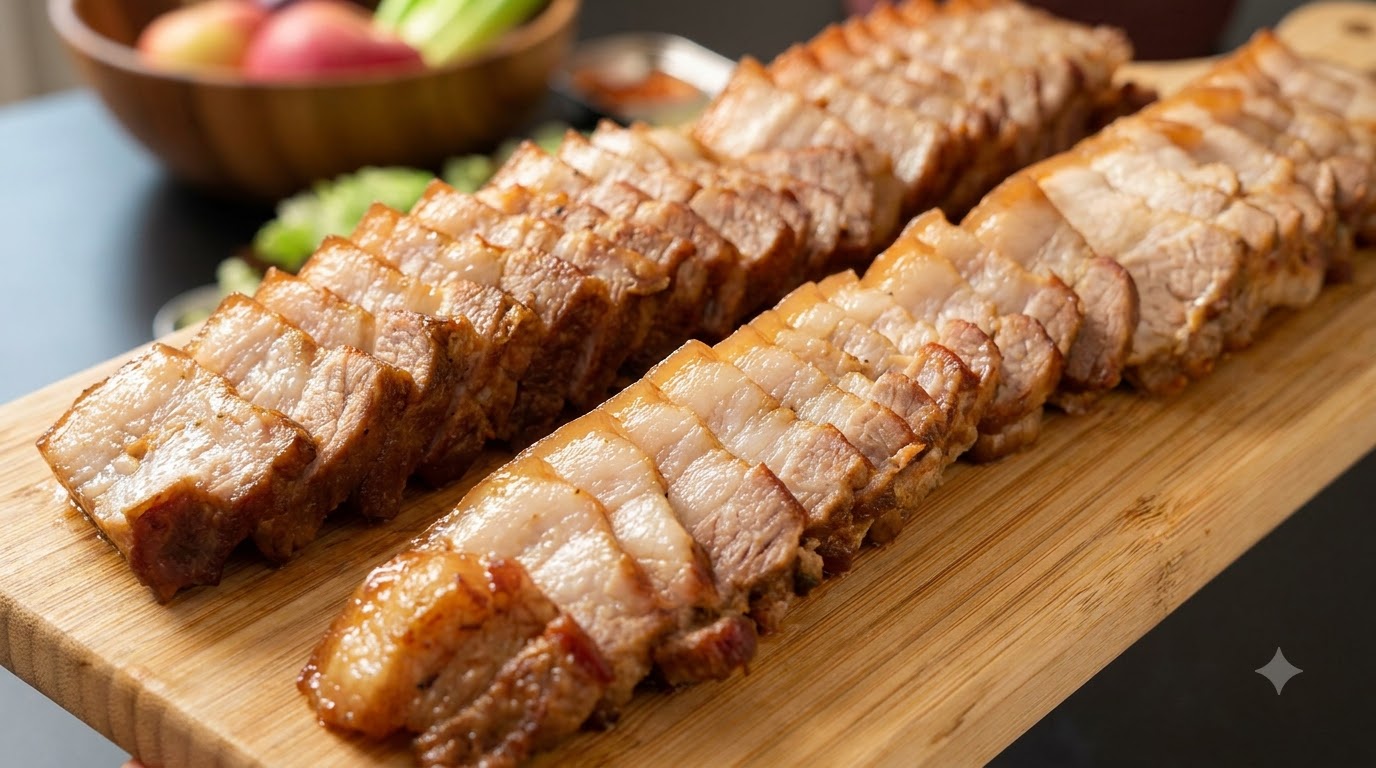 Bossam coreano senza acqua (Pancetta di maiale bollita)