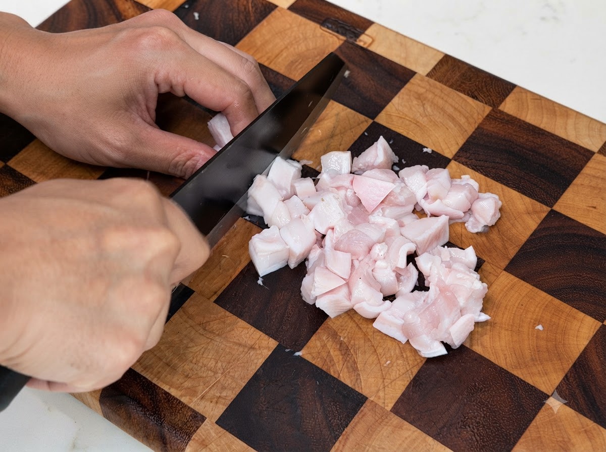 Pezzi di pancia di maiale grassa tagliati a piccoli cubetti con un coltello nero su un tagliere di legno.