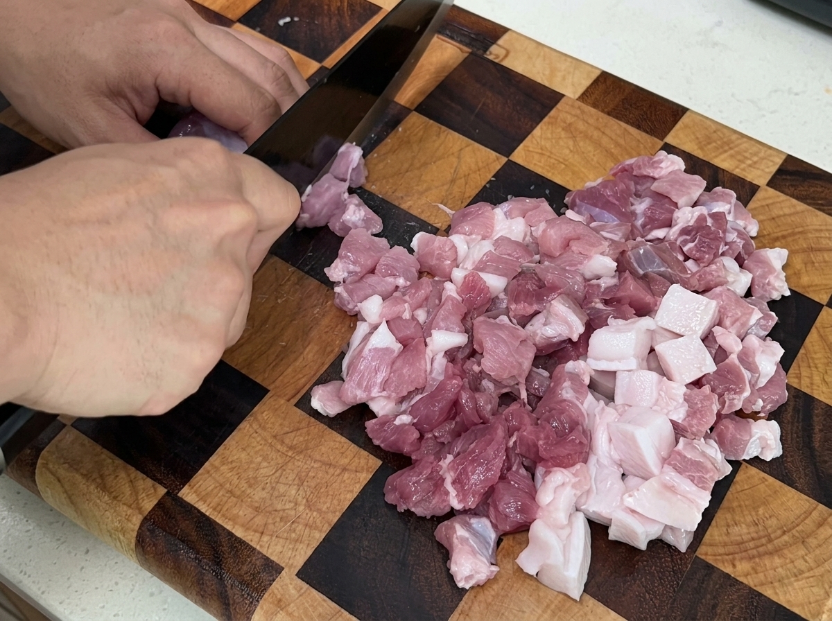 Carne magra di pancia di maiale tagliata a piccoli cubetti su un tagliere di legno.