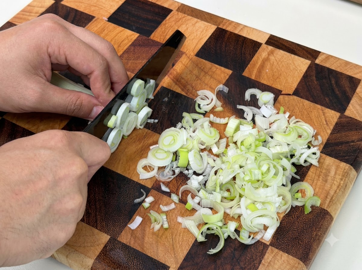 Cipollotti verdi freschi affettati finemente su un tagliere di legno a quadretti.