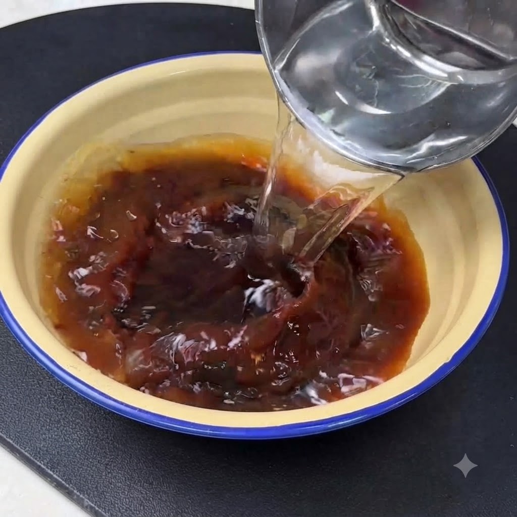 Acqua limpida versata in una ciotola gialla piena di miscela di pasta di soia scura.