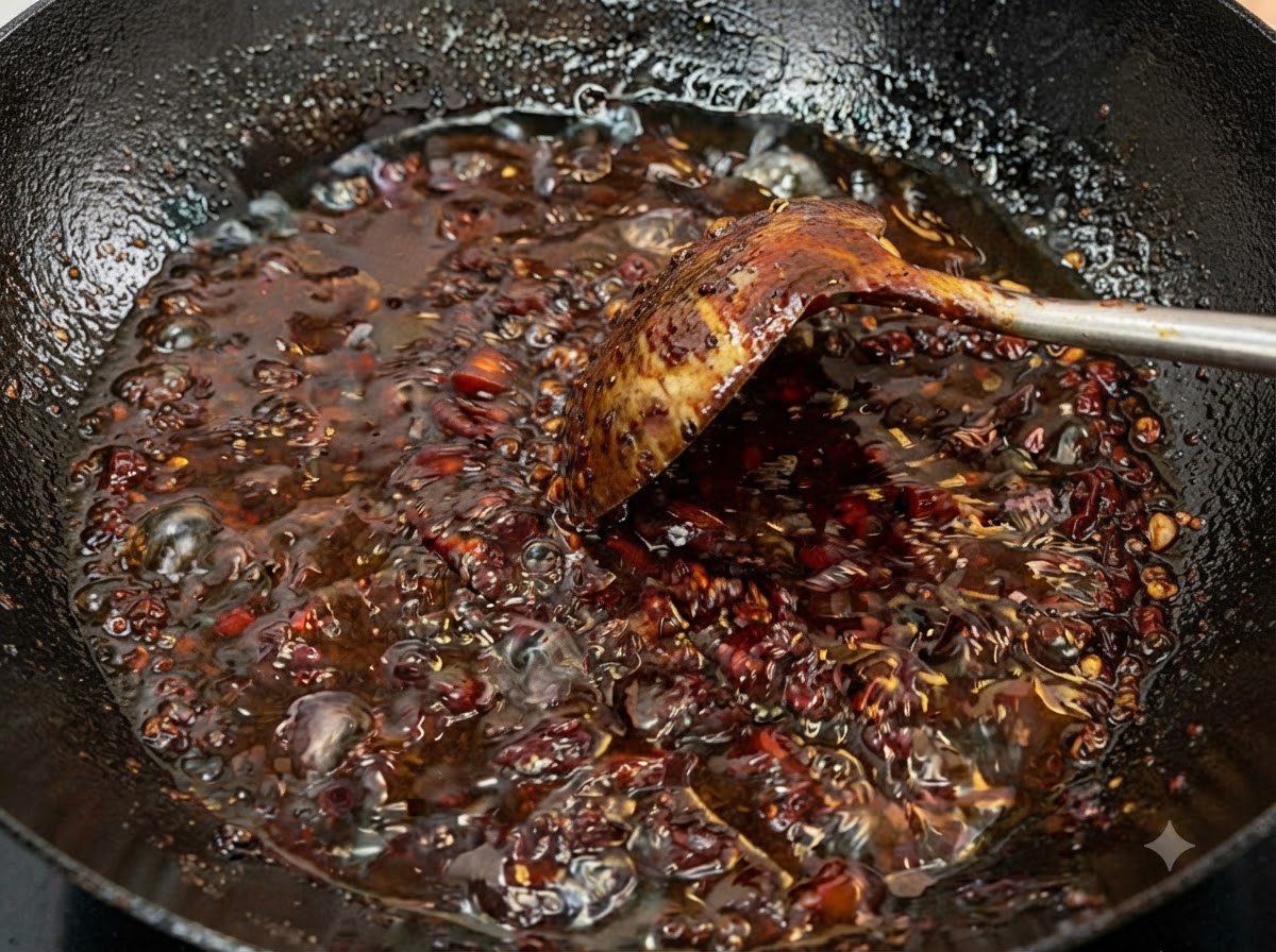 Salsa di carne scura e bollente mescolata con un mestolo in un wok fino a quando diventa lucida e ridotta.