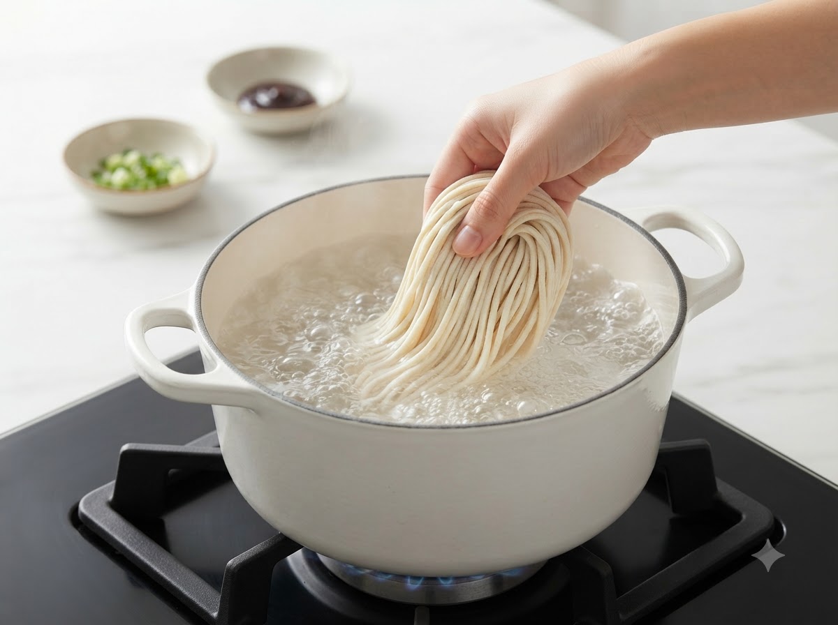 Una mano che abbassa noodles freschi spessi fatti a mano in una pentola di acqua bollente su un fornello.