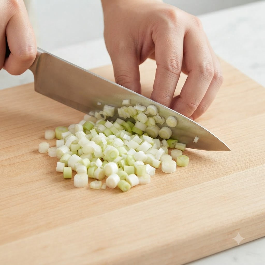 Cipollotti, aglio e zenzero tagliati e sminuzzati su un tagliere di legno con un coltello.