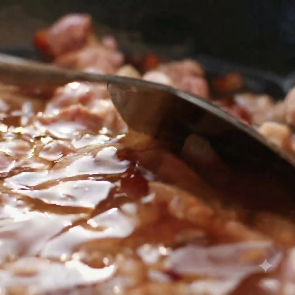 Piccoli cubetti di pancia di maiale che sfrigolano in padella con olio e anice stellato intero.