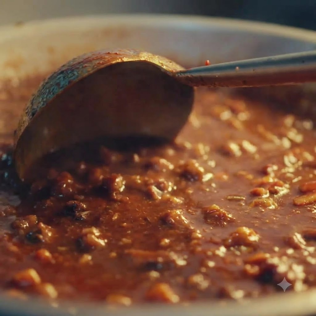 Salsa densa marrone scuro che sobbolle in padella mescolata con un metestolo di metallo.