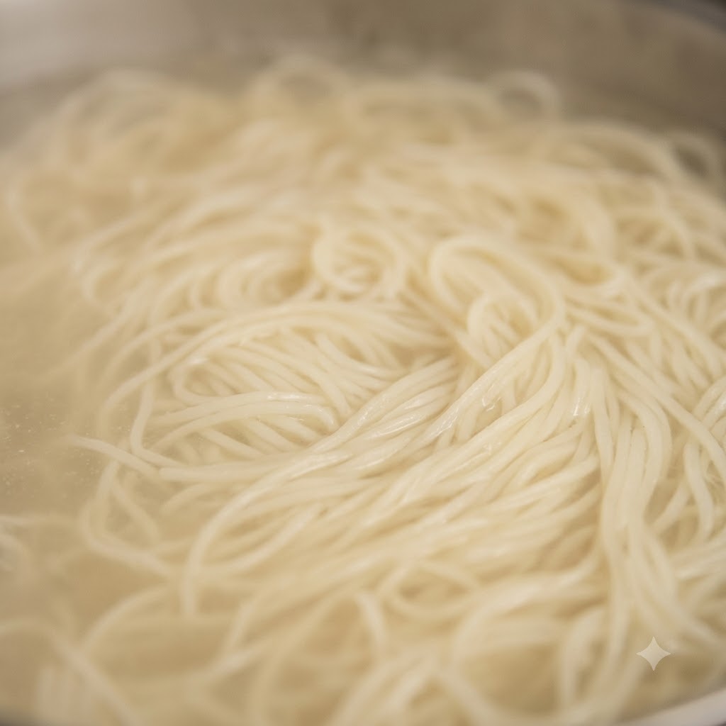 Noodles freschi che bollono in una grande pentola di acqua calda.