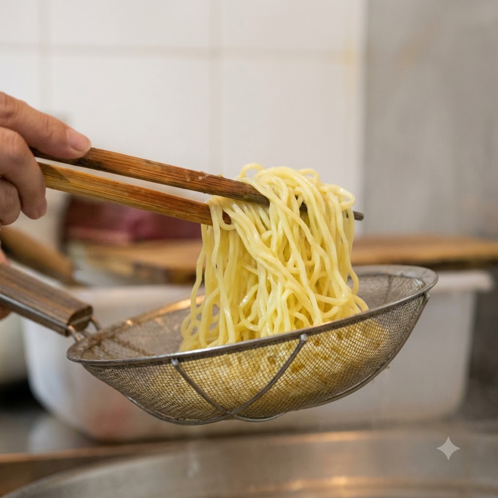 Noodles cotti tenuti sopra un colino di metallo e sciacquati con acqua fredda usando bacchette di legno.