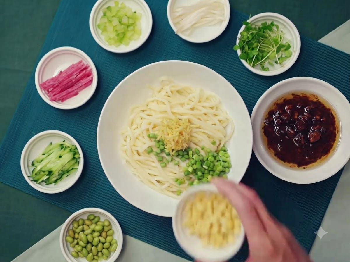 Topping di verdure fresche assortite posizionati ordinatamente in ciotole attorno a una grande ciotola di noodles.
