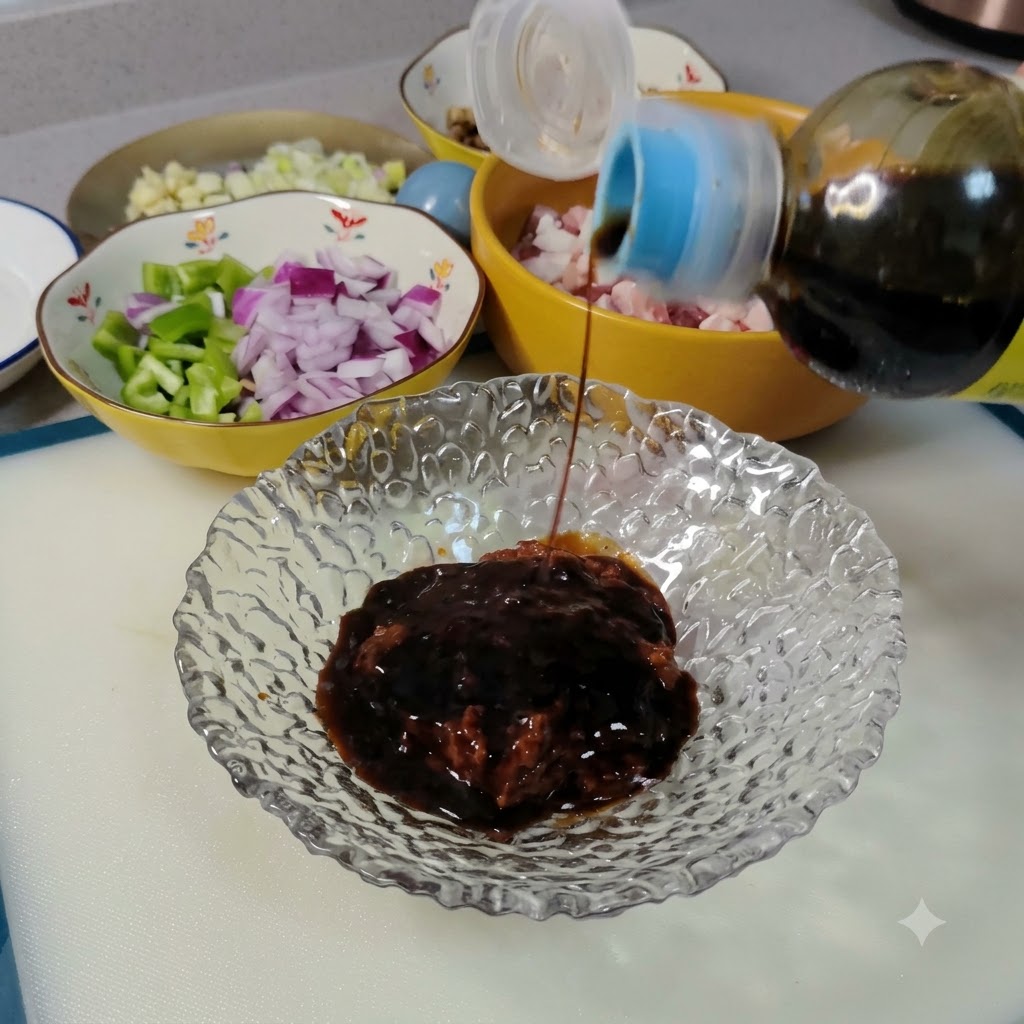 Condimento liquido scuro versato da una bottiglia di plastica in una ciotola di vetro contenente pasta di soia.
