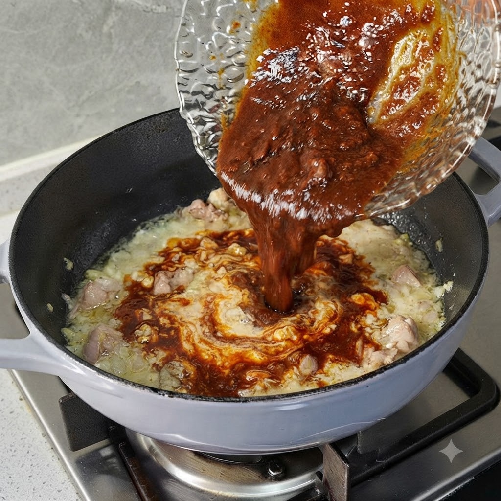 Una ciotola di vetro che versa una salsa marrone scuro e ricca in una padella contenente maiale cotto e aromi.